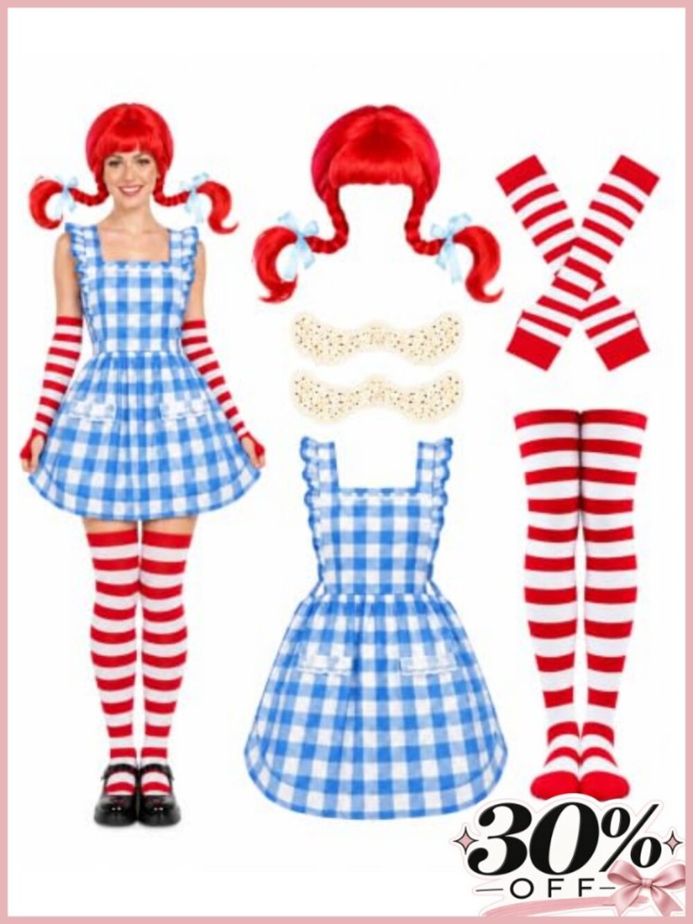 Halloween Fast Food Costume Set Red Wig Apron Striped Stockings Cosplay